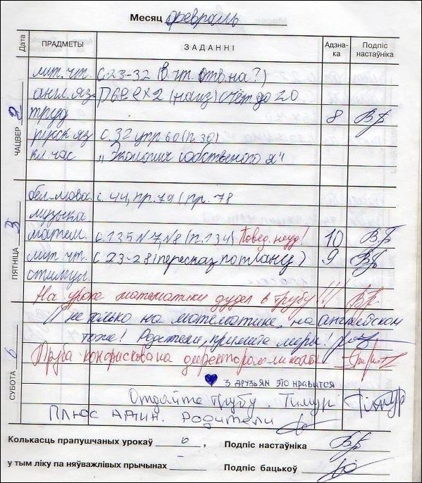 Записи в школьных дневниках